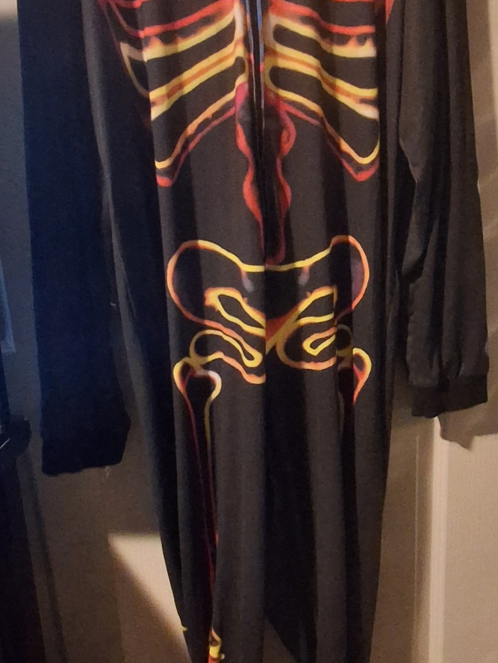 Black Long-Sleeve Pajama Romper/Costume with Red and Yellow Skeleton Print